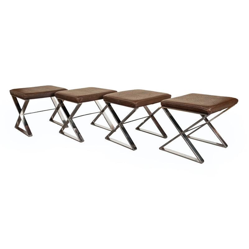 Set of Four Mid Century Modern Milo Baughman for Thayer Coggin Ostrich Leather & Polished Steel Stools 1970