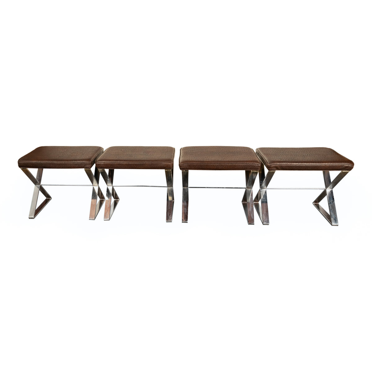 Set of Four Mid Century Modern Milo Baughman for Thayer Coggin Ostrich Leather & Polished Steel Stools 1970