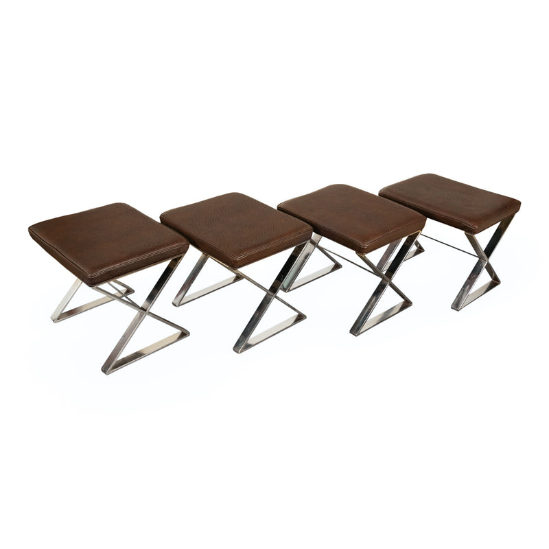 Set of Four Mid Century Modern Milo Baughman for Thayer Coggin Ostrich Leather & Polished Steel Stools 1970