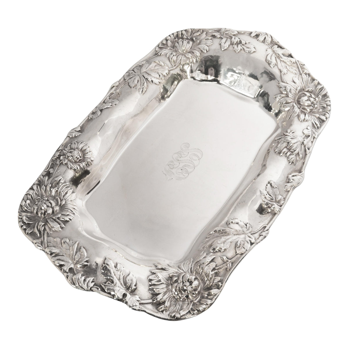 Large Antique Dominick & Haff Sterling Silver Repousse Chrysanthemum Pattern Tray New York 1901