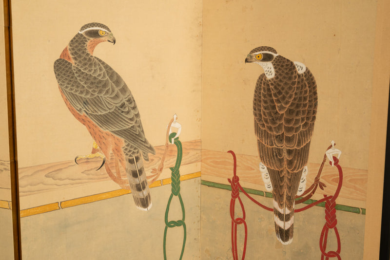 Pair Antique Japanese Edo Falcon Hawk Birds of Prey Takagari Screens 1880