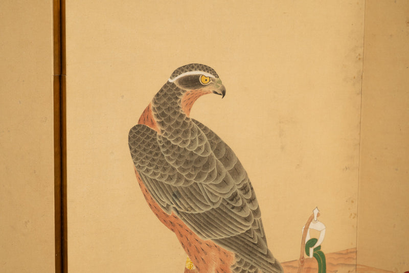 Pair Antique Japanese Edo Falcon Hawk Birds of Prey Takagari Screens 1880