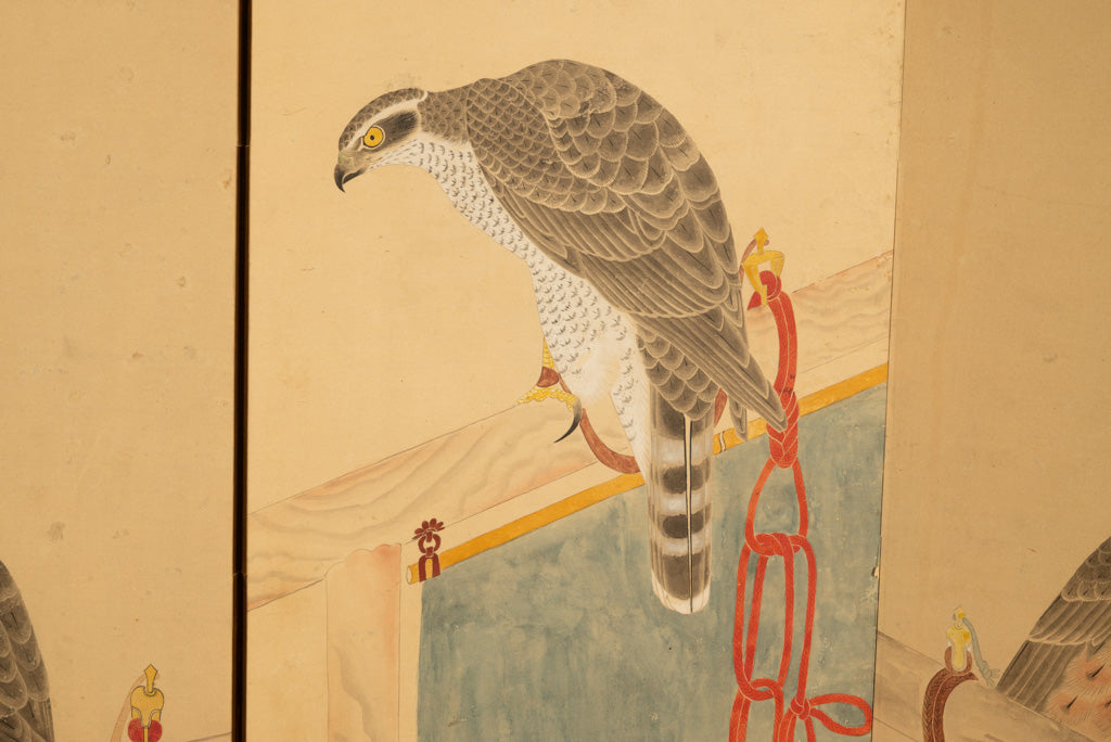 Pair Antique Japanese Edo Falcon Hawk Birds of Prey Takagari Screens 1880