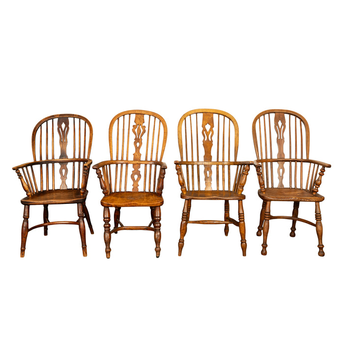 Set 4 Antique 19thC High-backed English Ash Elm Country Windsor Arm Chairs 1840