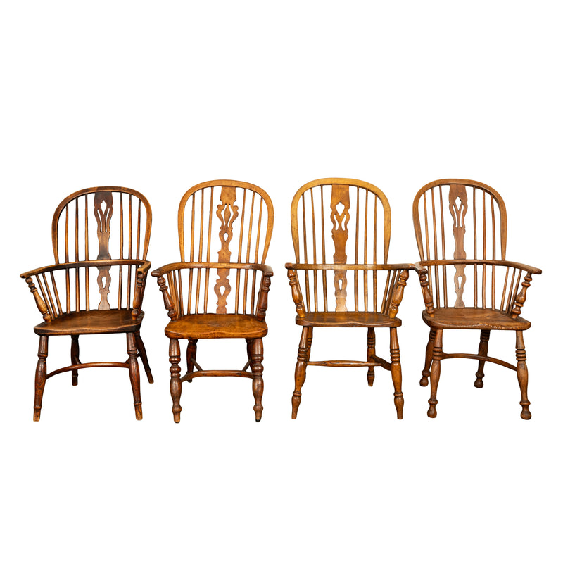 Set 4 Antique 19thC High-backed English Ash Elm Country Windsor Arm Chairs 1840