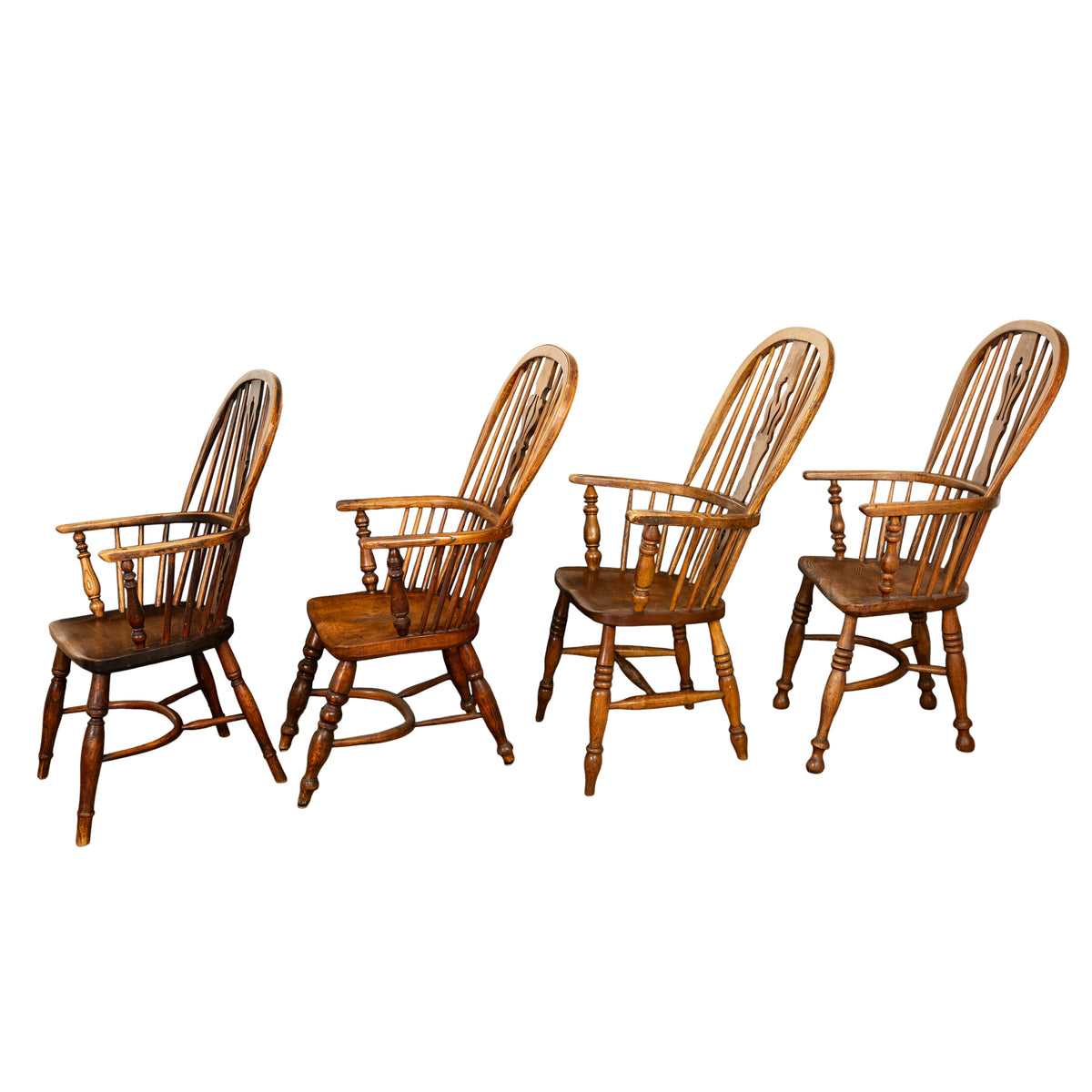 Set 4 Antique 19thC High-backed English Ash Elm Country Windsor Arm Chairs 1840