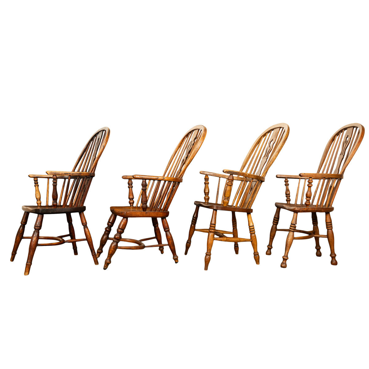 Set 4 Antique 19thC High-backed English Ash Elm Country Windsor Arm Chairs 1840