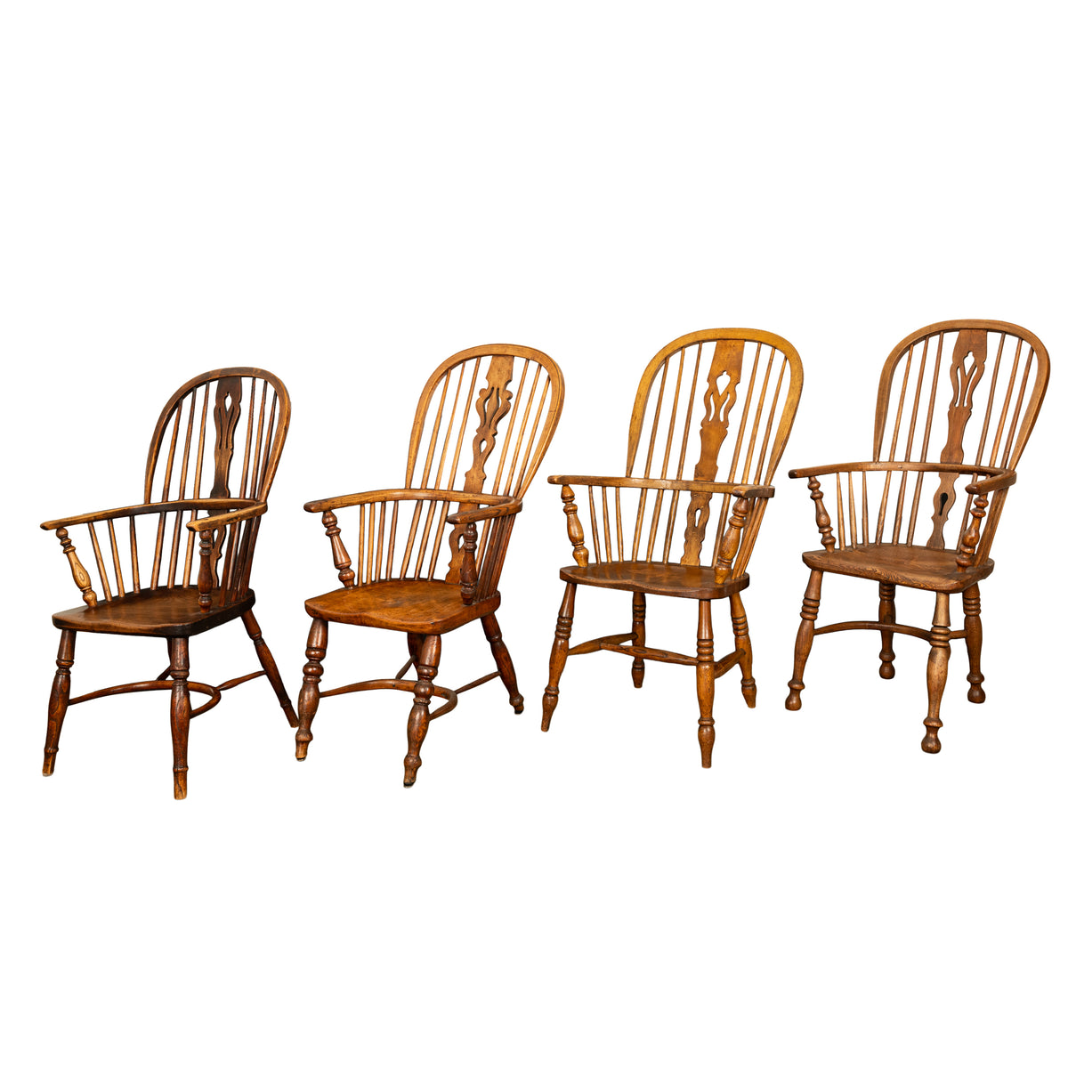 Set 4 Antique 19thC High-backed English Ash Elm Country Windsor Arm Chairs 1840