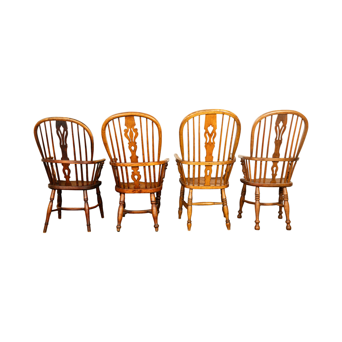 Set 4 Antique 19thC High-backed English Ash Elm Country Windsor Arm Chairs 1840