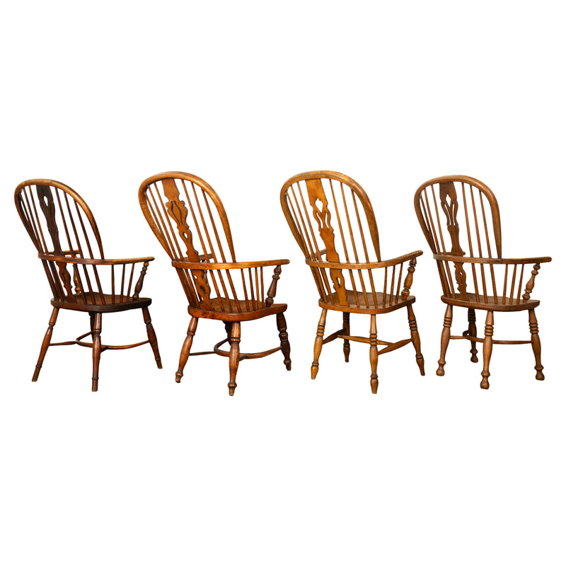 Set 4 Antique 19thC High-backed English Ash Elm Country Windsor Arm Chairs 1840