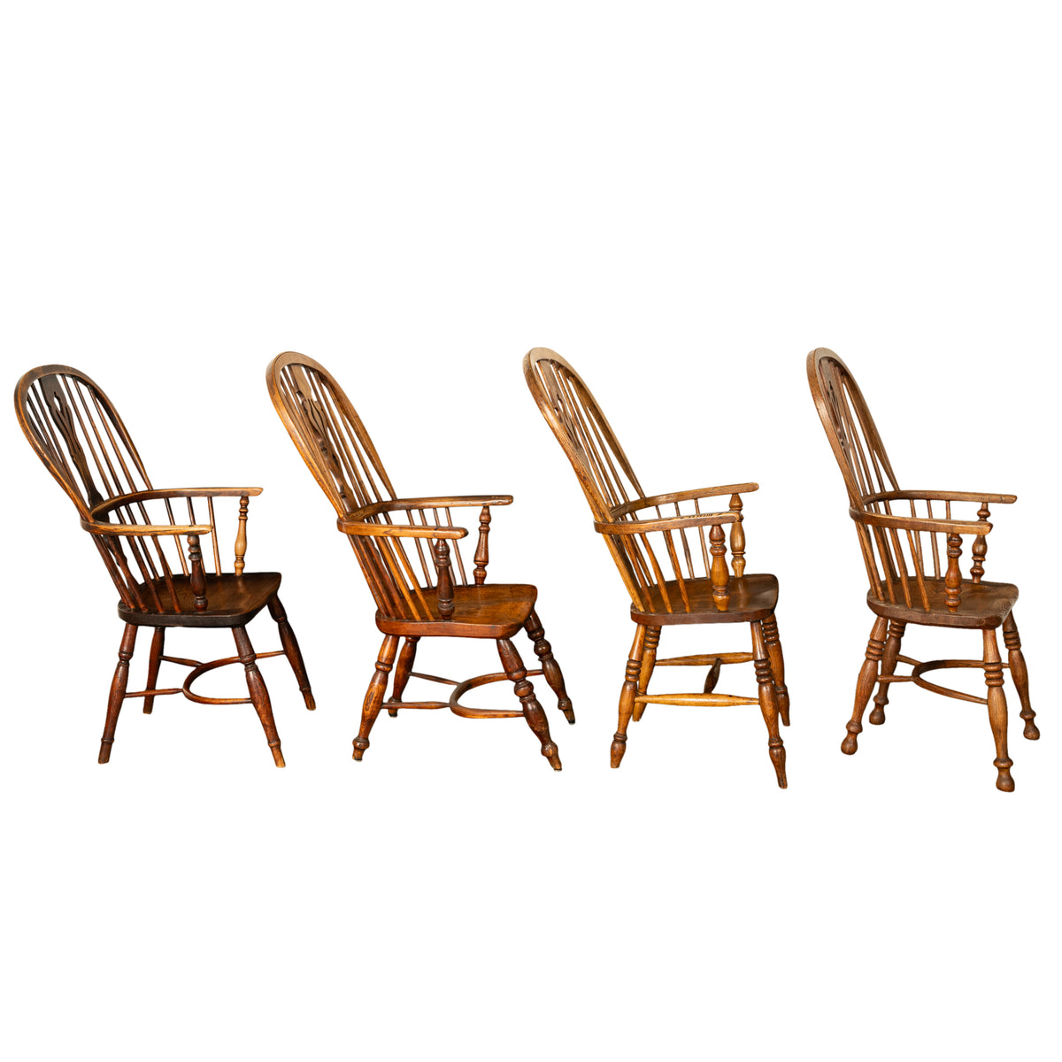 Set 4 Antique 19thC High-backed English Ash Elm Country Windsor Arm Chairs 1840