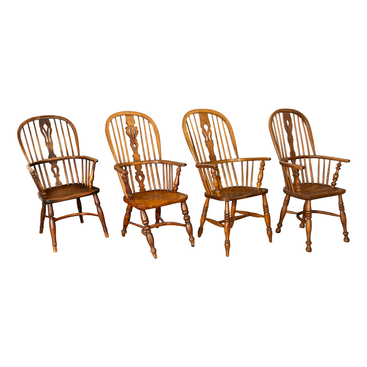 Set 4 Antique 19thC High-backed English Ash Elm Country Windsor Arm Chairs 1840