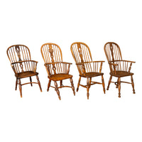 Set 4 Antique 19thC High-backed English Ash Elm Country Windsor Arm Chairs 1840