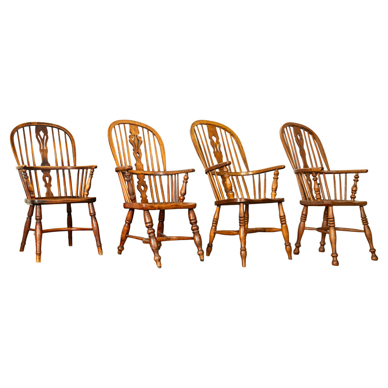 Set 4 Antique 19thC High-backed English Ash Elm Country Windsor Arm Chairs 1840