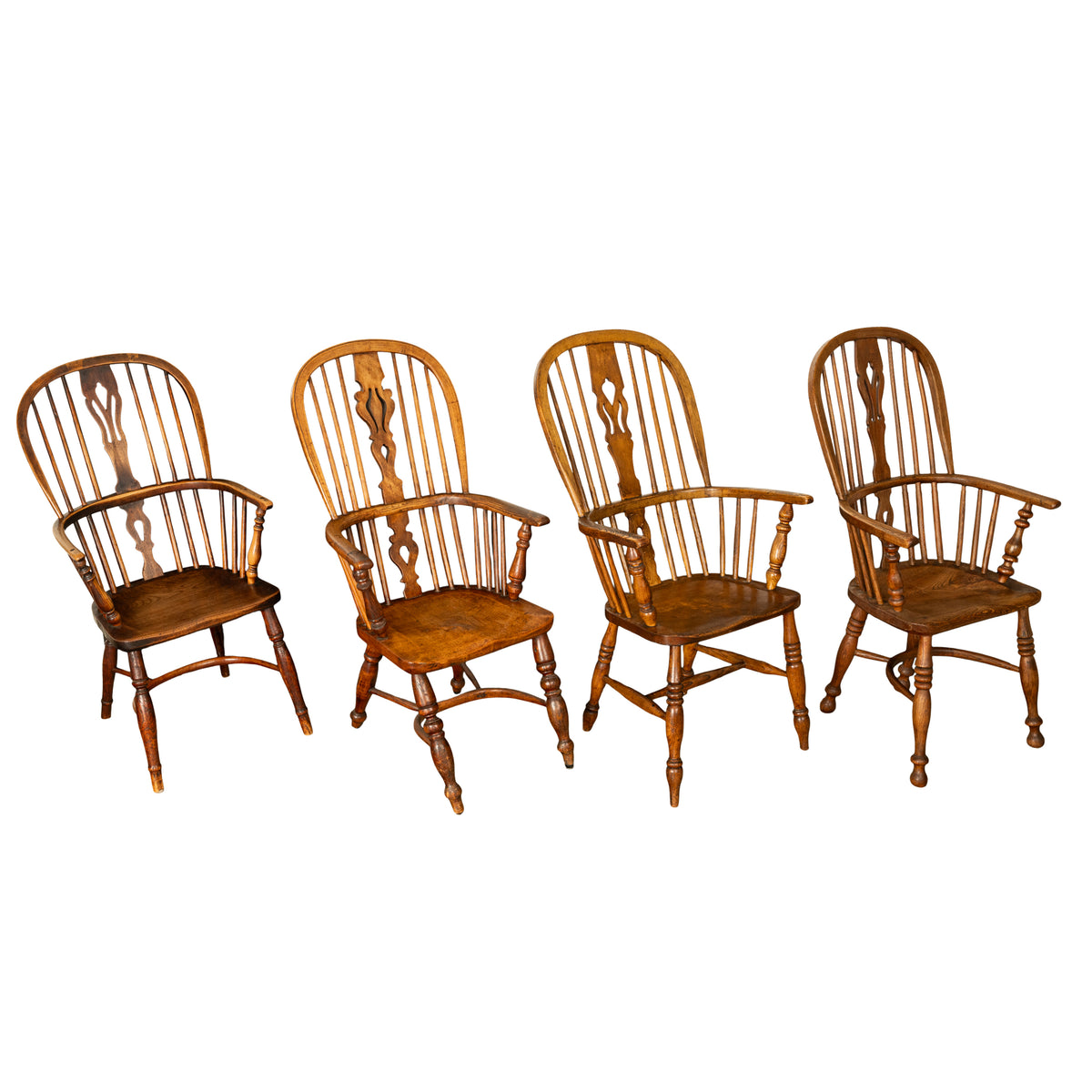 Set 4 Antique 19thC High-backed English Ash Elm Country Windsor Arm Chairs 1840