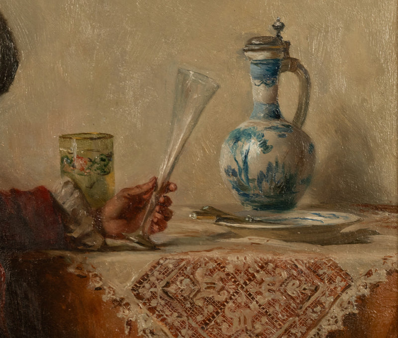 Antique German Genre Oil Painting Portrait Cavalier Drinking Wine by Albert Friedrich Schroder, 1899