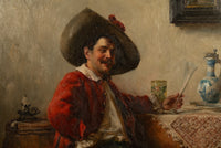 Antique German Genre Oil Painting Portrait Cavalier Drinking Wine by Albert Friedrich Schroder, 1899