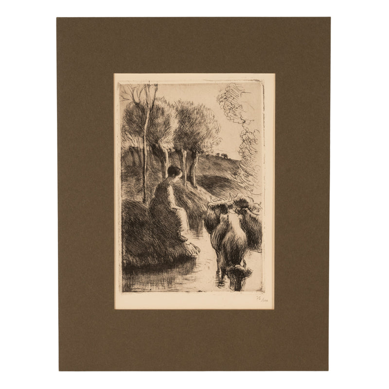 Antique Etching Aquatint "Vachère au Bord de L'Eau" Edition # 75 of Edition 100  by Camille Pissarro 1890