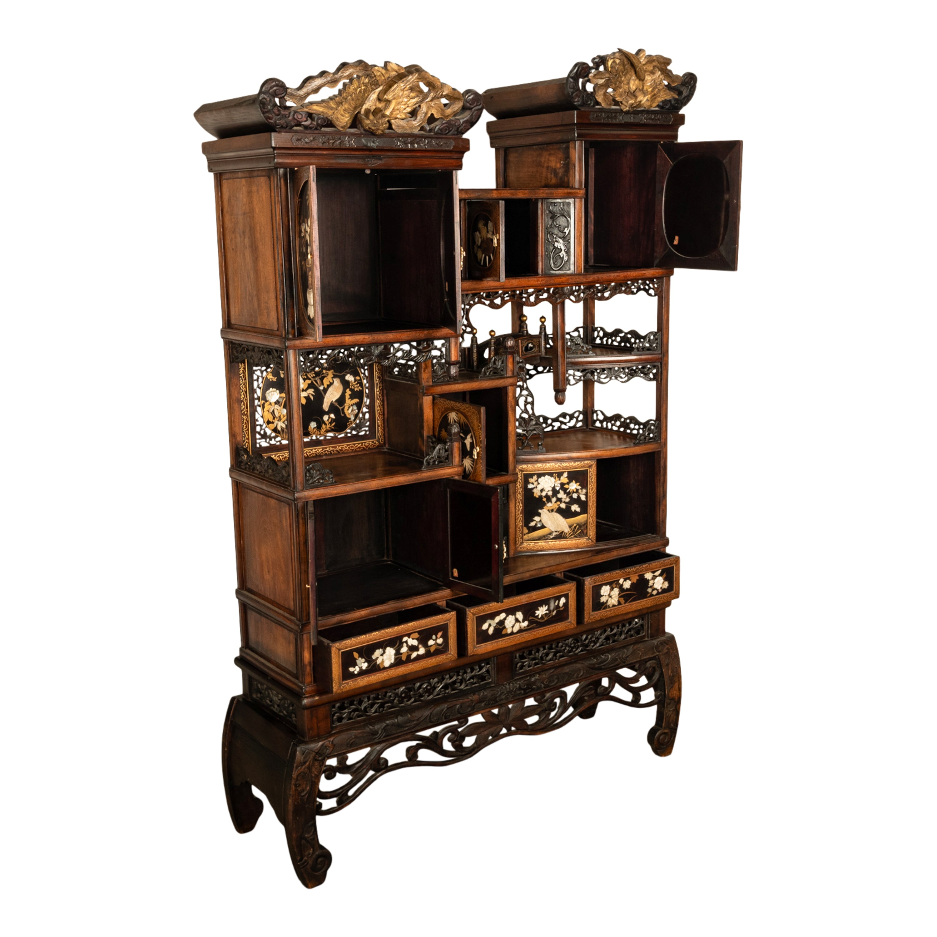 Antique Japanese Lacquer Inlaid Hardwood Meiji Period Shibayama