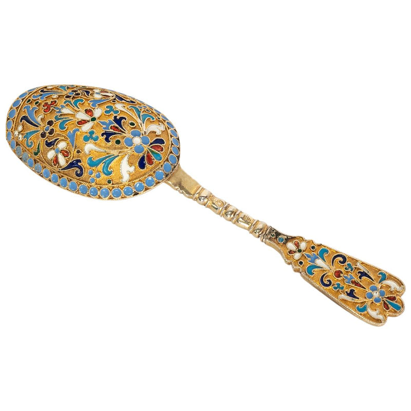 Antique Imperial Russian Silver Gilt Cloisonne Tea Caddy Spoon Moscow 1880