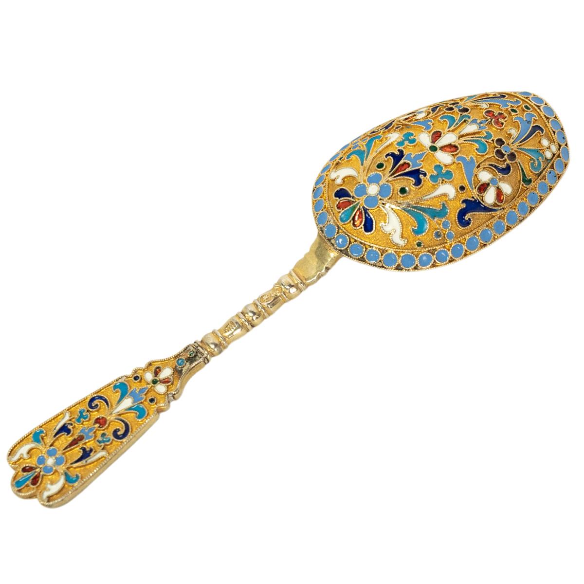 Antique Imperial Russian Silver Gilt Cloisonne Tea Caddy Spoon Moscow 1880