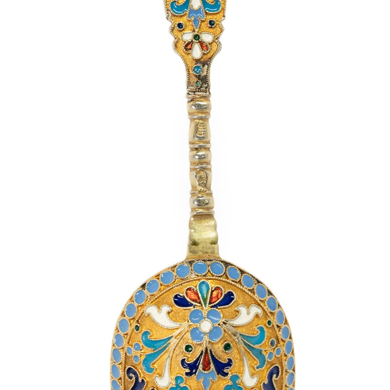 Antique Imperial Russian Silver Gilt Cloisonne Tea Caddy Spoon Moscow 1880