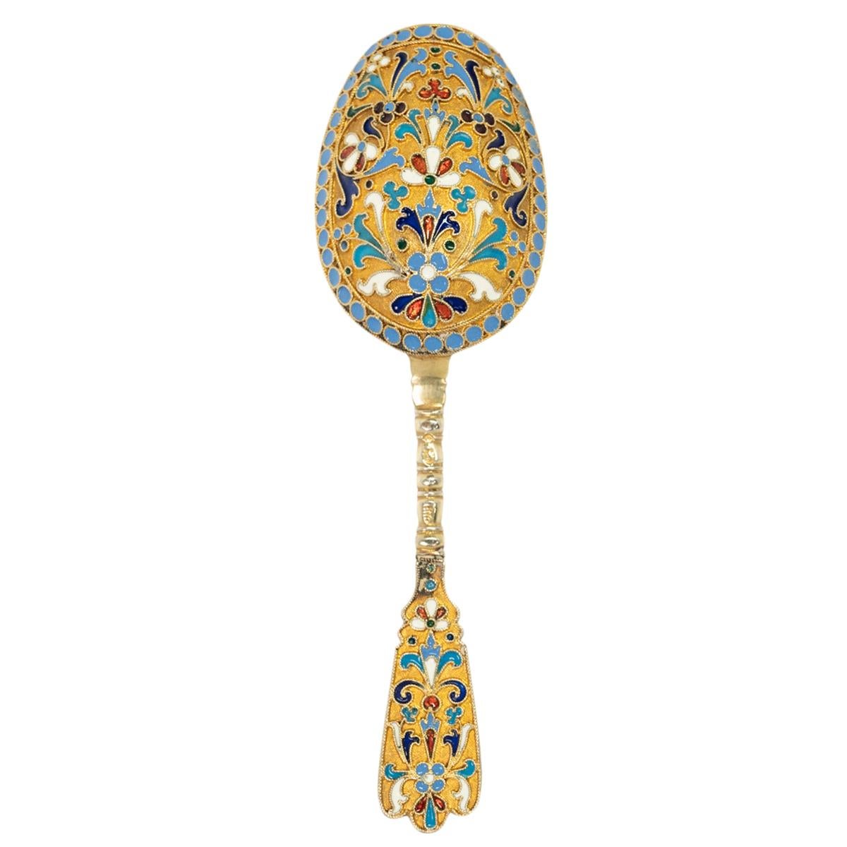 Antique Imperial Russian Silver Gilt Cloisonne Tea Caddy Spoon Moscow 1880