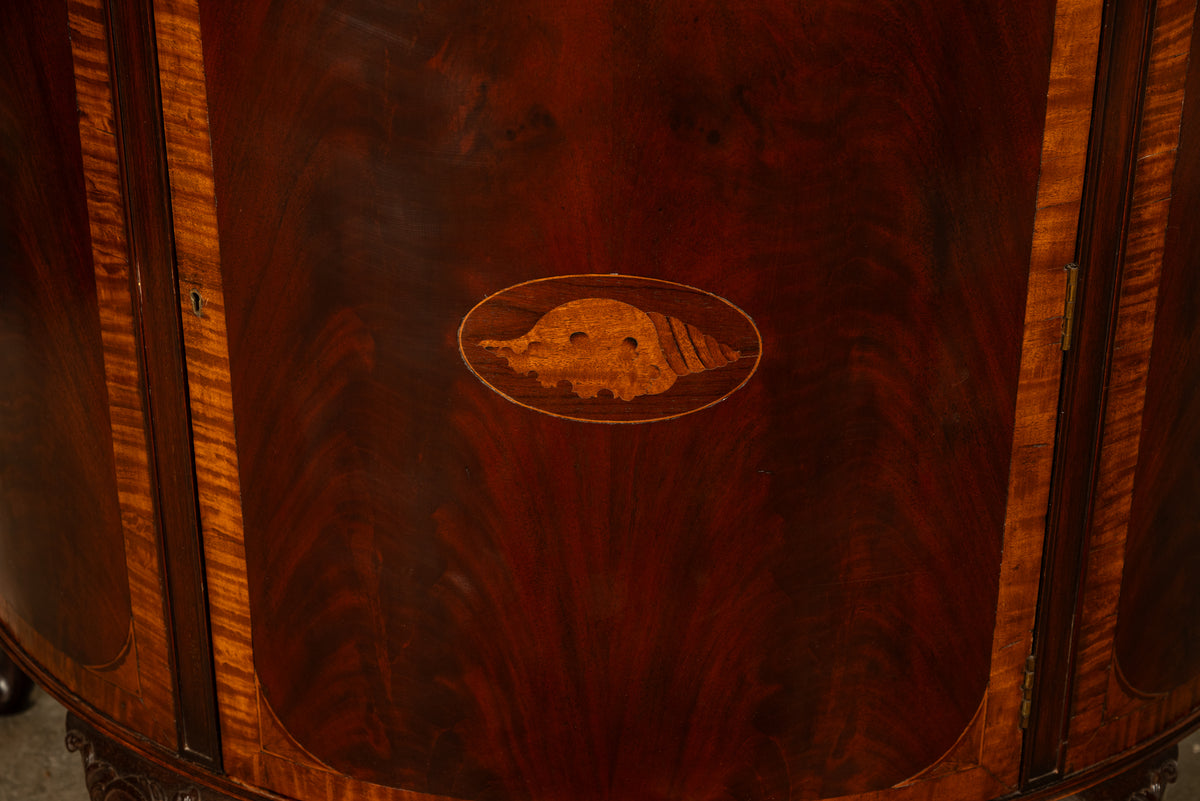 Antique Mahogany Marble Top Demi-Lune Marquetry Inlaid Drinks Cabinet or Server, Circa 1900