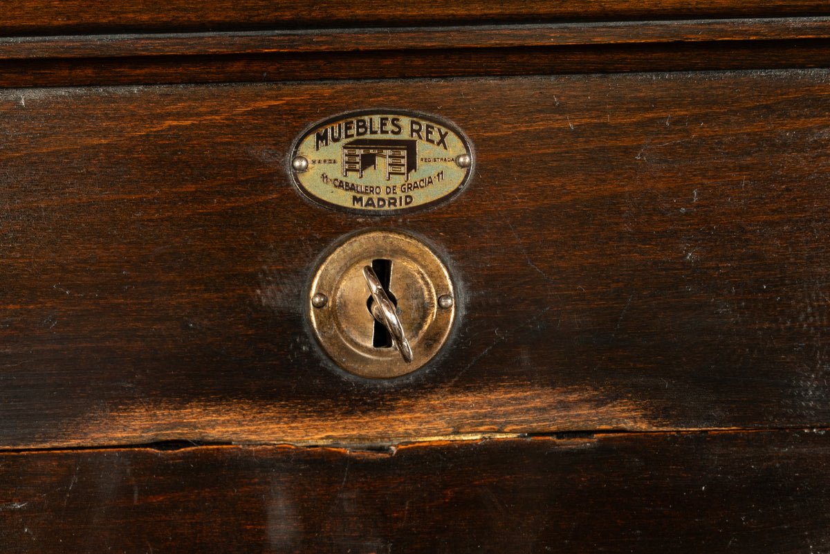 Antique Tall Spanish Walnut Tambor Roll Down Filing Cabinet "Muebles Rex" Madrid Circa 1910