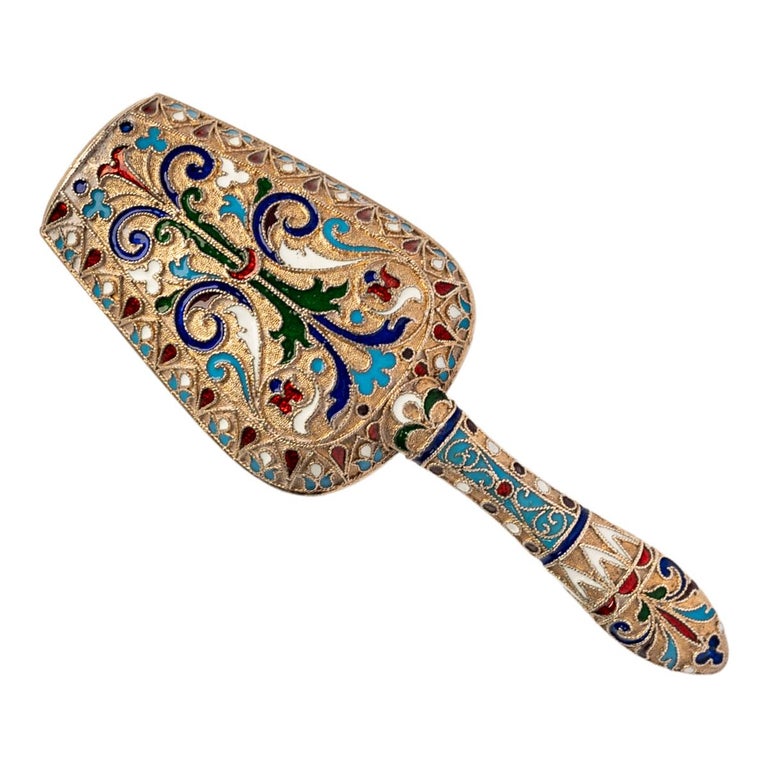 Antique Imperial Russian Silver Gilt Cloisonne Enamel Caddy Spoon Moscow 1890