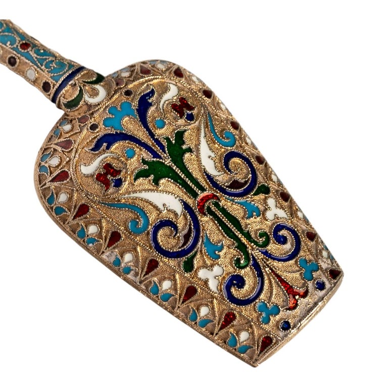 Antique Imperial Russian Silver Gilt Cloisonne Enamel Caddy Spoon Moscow 1890