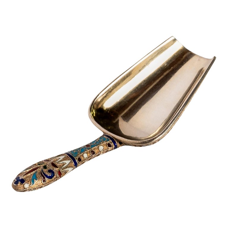 Antique Imperial Russian Silver Gilt Cloisonne Enamel Caddy Spoon Moscow 1890