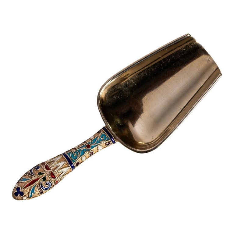 Antique Imperial Russian Silver Gilt Cloisonne Enamel Caddy Spoon Moscow 1890