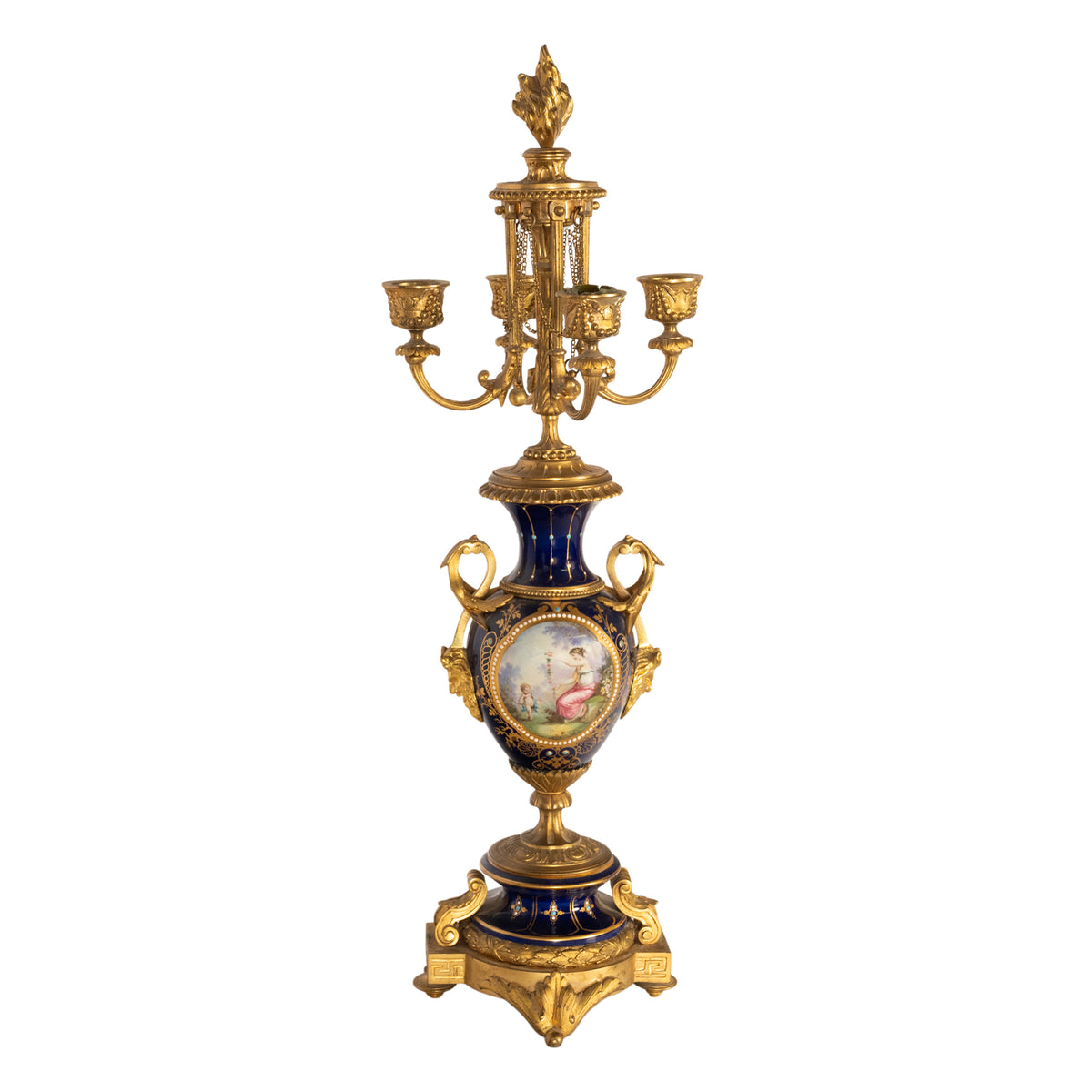 Antique French Ormolu & Sevres Porcelain 3 Piece Clock Candelabra Garniture 1870