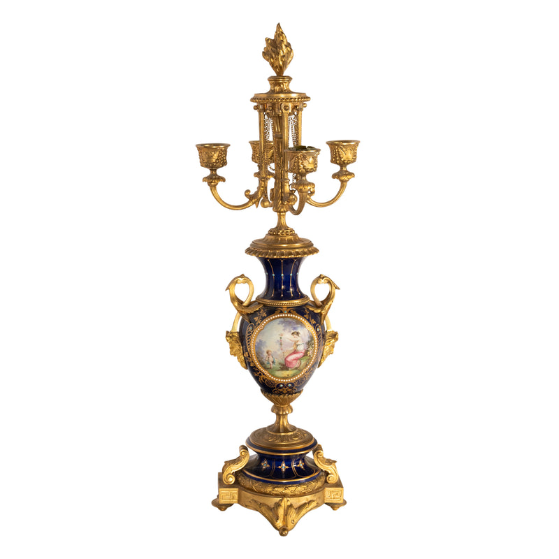 Antique French Ormolu & Sevres Porcelain 3 Piece Clock Candelabra Garniture 1870