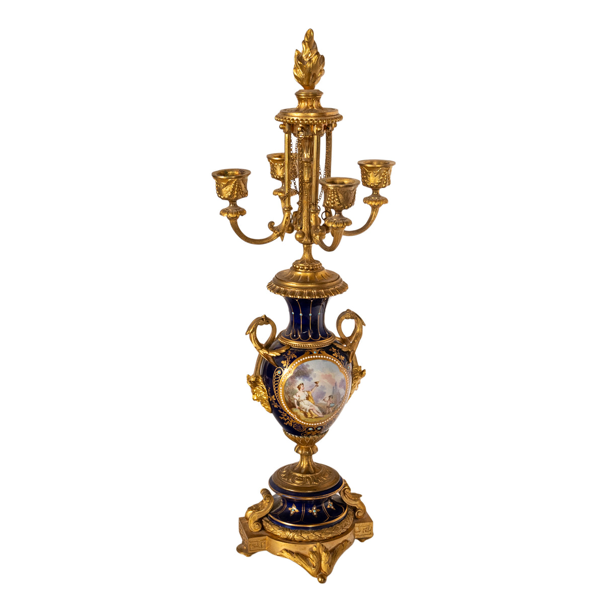 Antique French Ormolu & Sevres Porcelain 3 Piece Clock Candelabra Garniture 1870