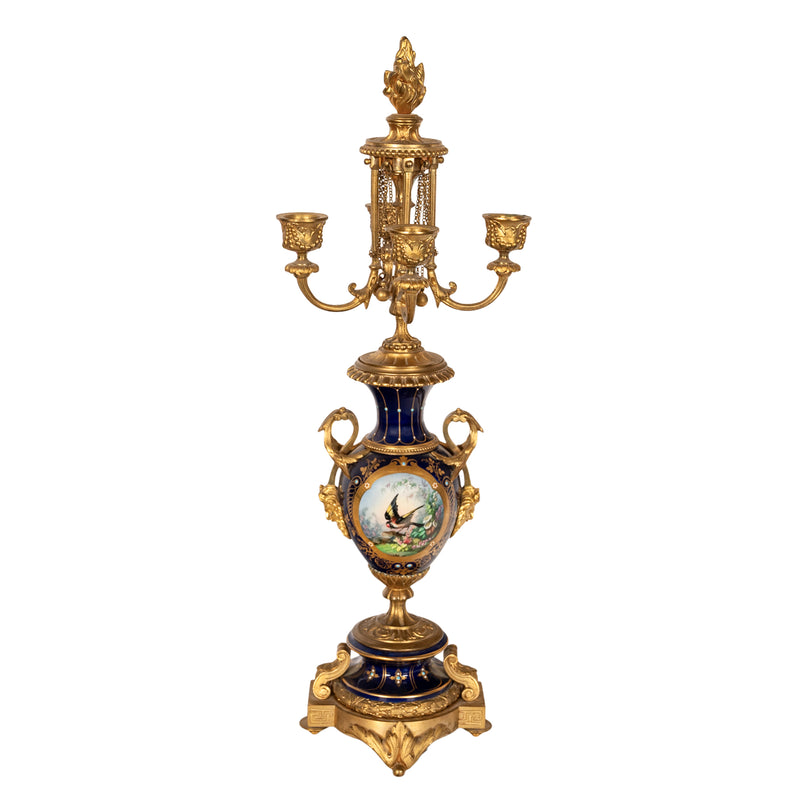 Antique French Ormolu & Sevres Porcelain 3 Piece Clock Candelabra Garniture 1870