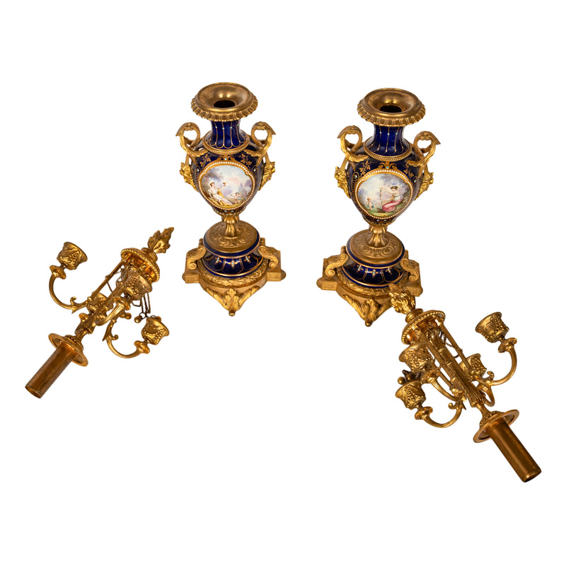 Antique French Ormolu & Sevres Porcelain 3 Piece Clock Candelabra Garniture 1870