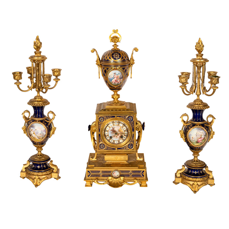 Antique French Ormolu & Sevres Porcelain 3 Piece Clock Candelabra Garniture 1870