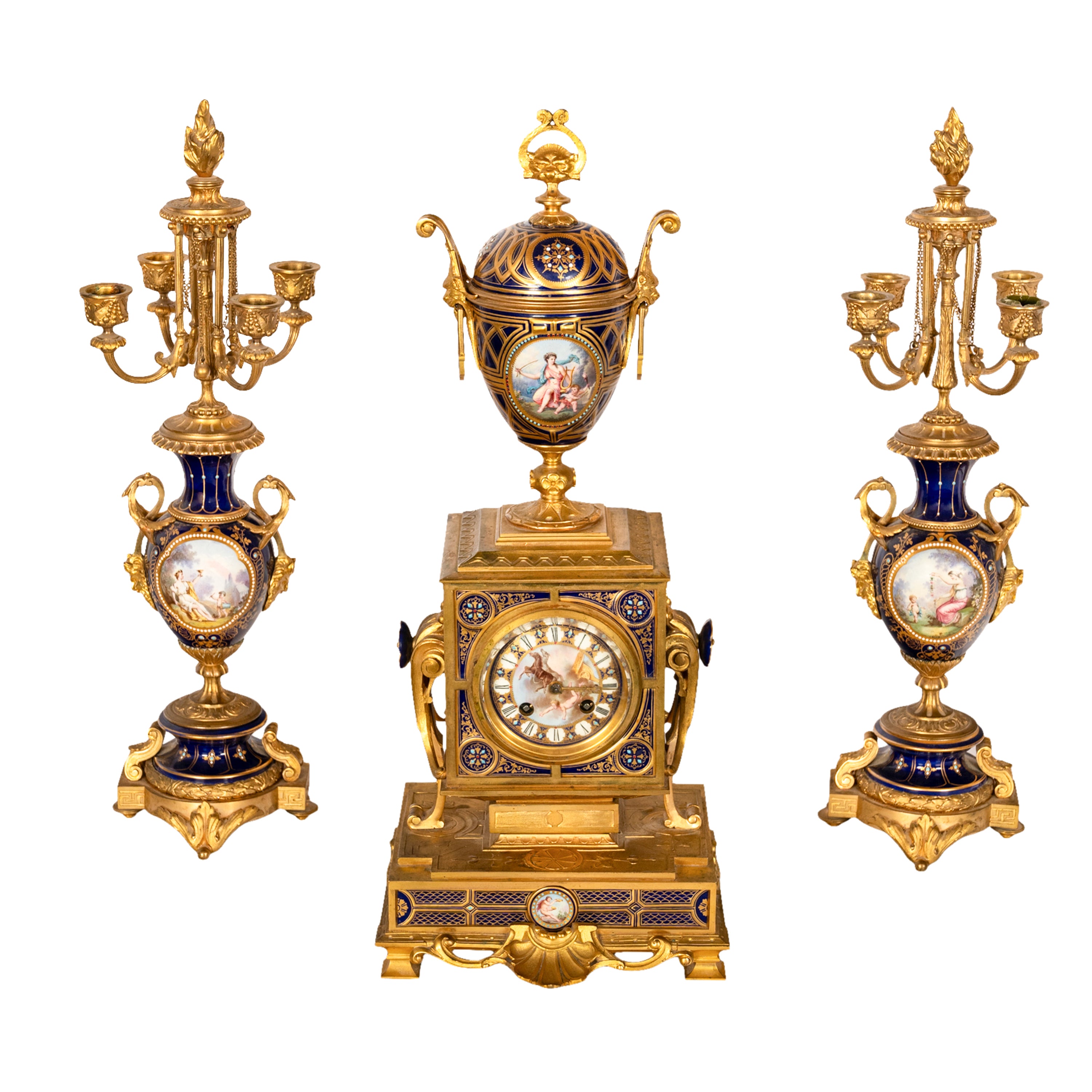 Antique French Ormolu & Sevres Porcelain 3 Piece Clock Candelabra