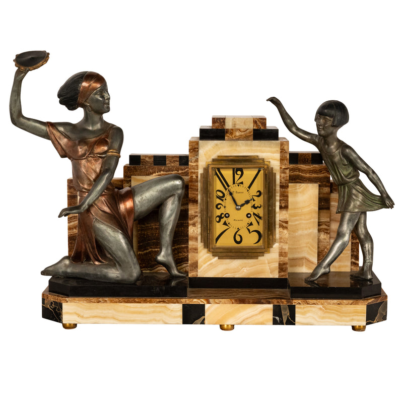 Antique French Art Deco Cold-painted Bronze Marble Figural Clock Garniture 1925