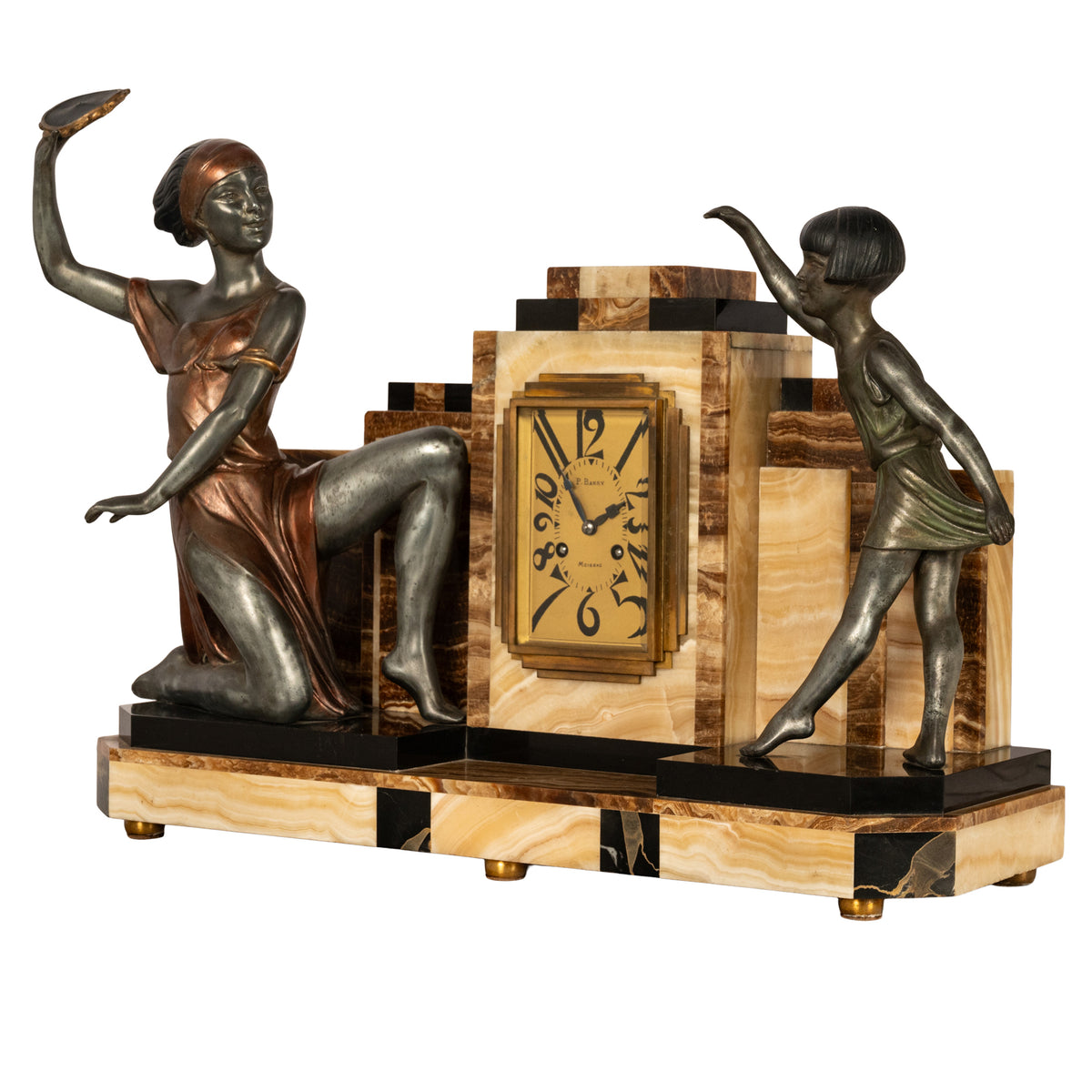 Antique French Art Deco Cold-painted Bronze Marble Figural Clock Garniture 1925