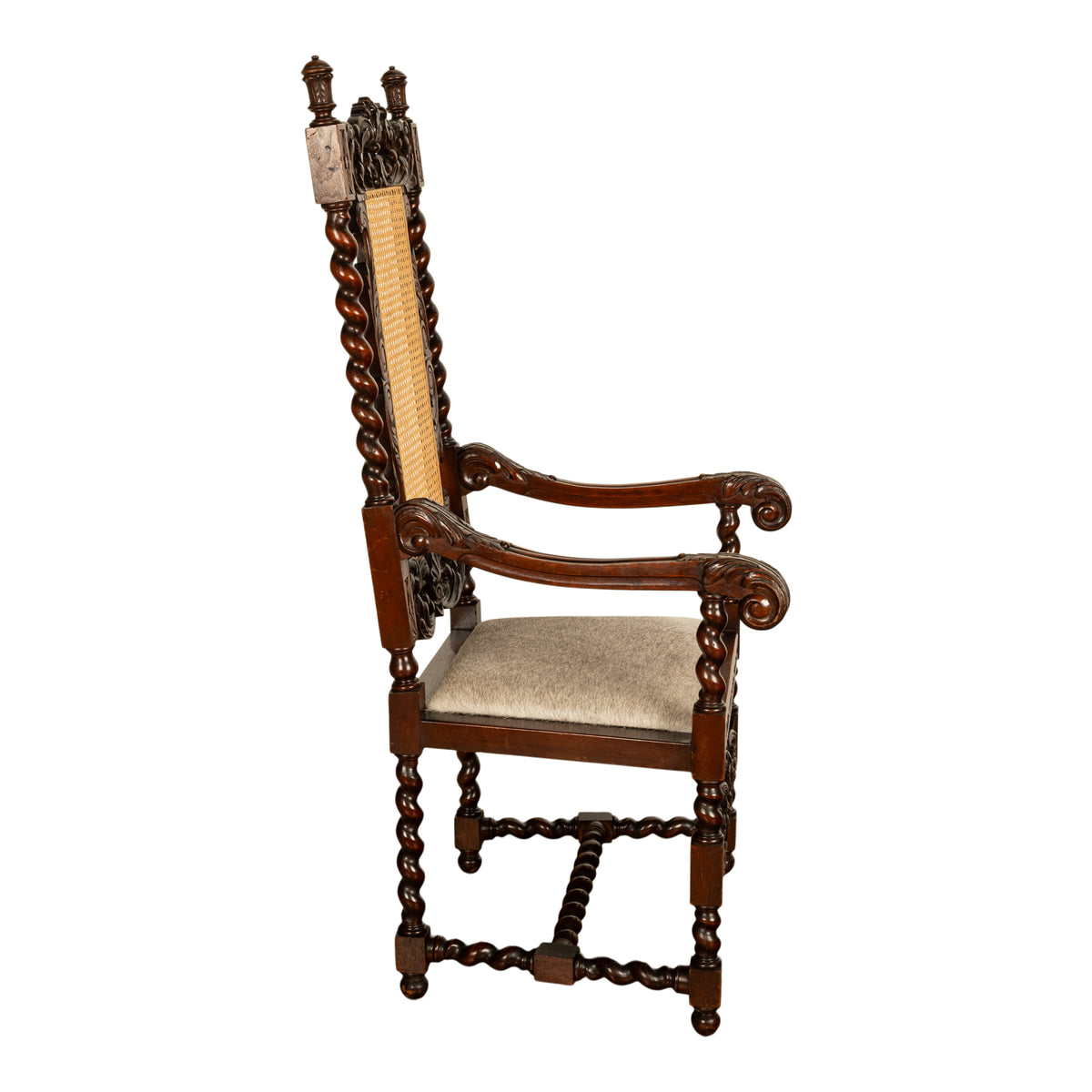 Antique French Louis XIII Carved Walnut Barley Twist Armchair Cane Cowhide 1880