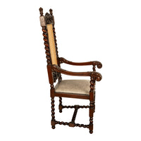 Antique French Louis XIII Carved Walnut Barley Twist Armchair Cane Cowhide 1880