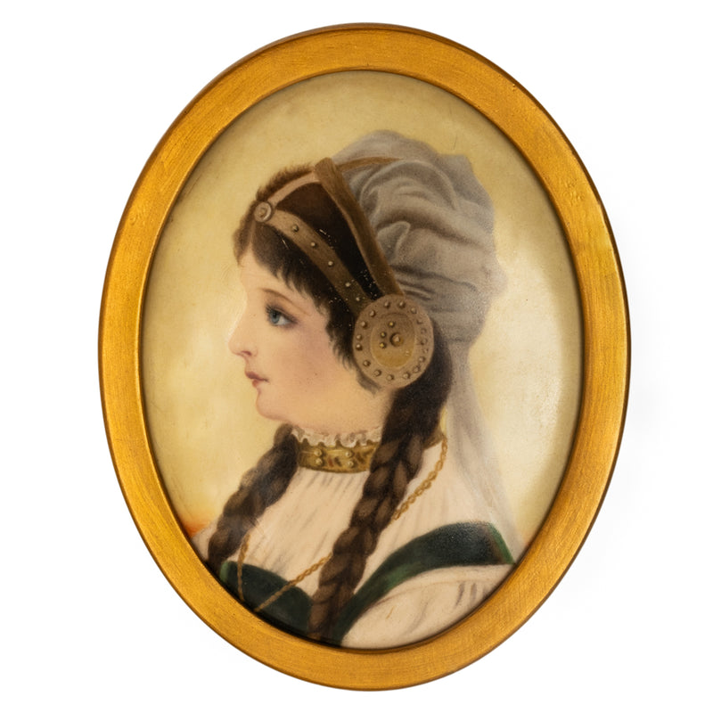 Pair Antique German Signed KPM Porcelain Handpainted Bride Portrait Plaques 1890