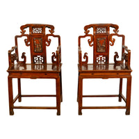 Pair Antique Ming Style Chinese Qing Carved Hardwood Gilt Lacquer Throne Chairs