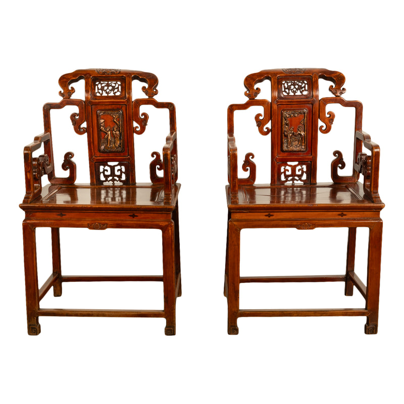 Pair Antique Ming Style Chinese Qing Carved Hardwood Gilt Lacquer Throne Chairs