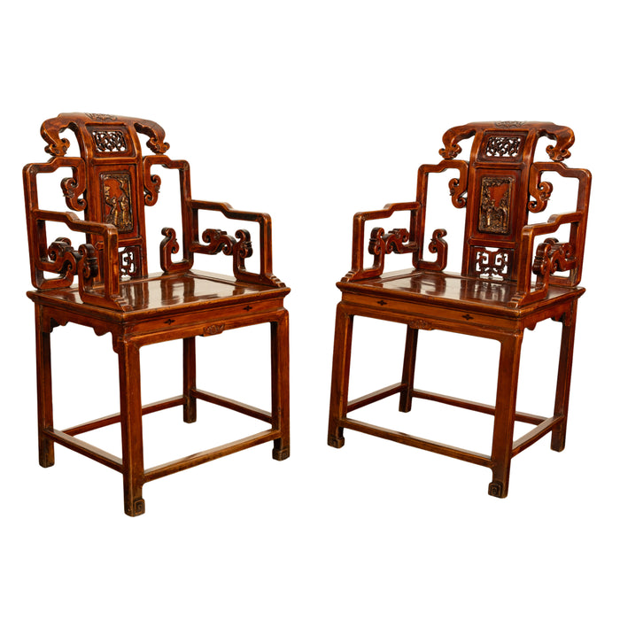 Pair Antique Ming Style Chinese Qing Carved Hardwood Gilt Lacquer Throne Chairs