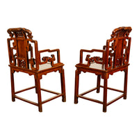 Pair Antique Ming Style Chinese Qing Carved Hardwood Gilt Lacquer Throne Chairs