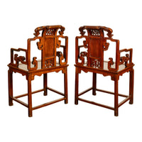 Pair Antique Ming Style Chinese Qing Carved Hardwood Gilt Lacquer Throne Chairs